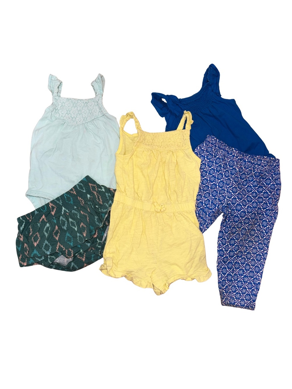 Kids Yellow Romper & Mixed Bottoms Set - Yellow, Blue, Light Blue, Green